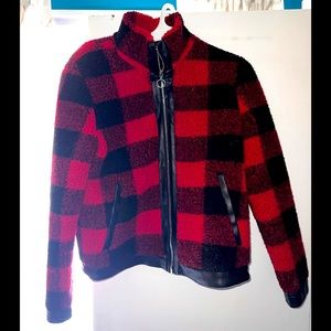 Express Buffalo Plaid Sherpa/Teddy Jacket with Leather Trim